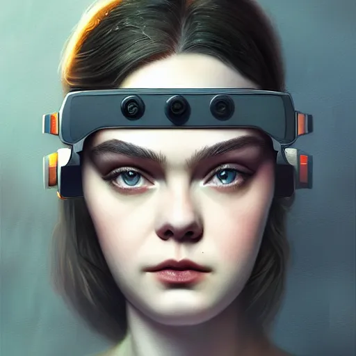 Prompt: head and shoulders portrait of modern darna, elle fanning in night vision goggles, intricate, elegant, dark vibes, highly detailed, digital painting, artstation, glamor pose, concept art, smooth, sharp focus, illustration, art by wlop, mars ravelo and greg rutkowski