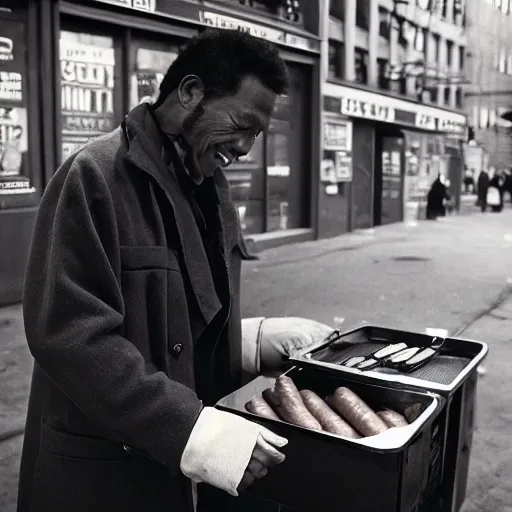 Image similar to closeup portrait of a man in hustle coat selling hotdogs from his jacket in a smoky new york back street, by Annie Leibovitz and Steve McCurry, natural light, detailed face, CANON Eos C300, ƒ1.8, 35mm, 8K, medium-format print