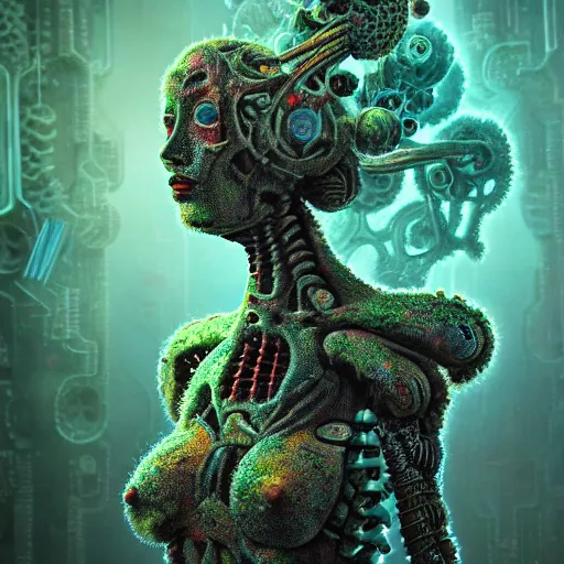 Image similar to highly evolved biomechanical nubile phyrexian dreadnought pregnant borg queen hybrid dotted with lichens and fungal growth being possessed by the machine spirit, artists tram pararam and doctor seuss with beryl cook and jack kirby, high contrast cinematic light, mystical shadows, sharp focus, octane render