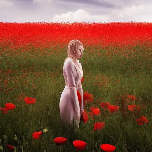 Prompt: a beautiful woman standing next to a field of poppies, dutch, blonde, tall, pretty, by tim walker, atmospheric, epic composition, trending on artstation, octane render