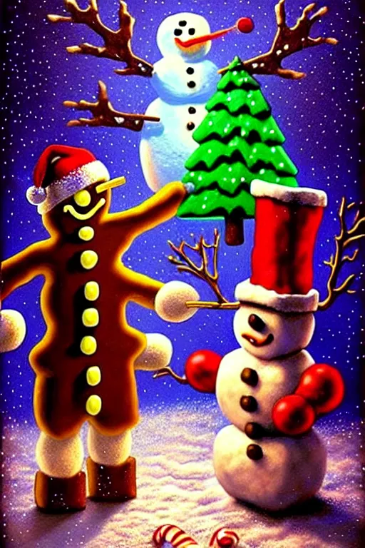 Prompt: a hyperrealistic painting of a 3 d christmas nightmare isometric gingerbread man vs snowman boss fight, cinematic horror by chris cunningham, lisa frank, richard corben, highly detailed, vivid color,