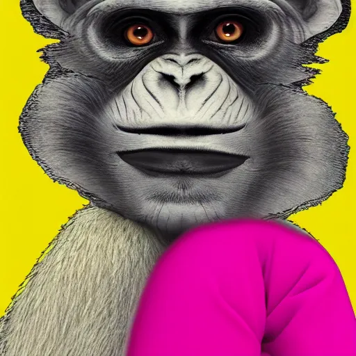 Prompt: a monkey in a yellow kimono, pink background