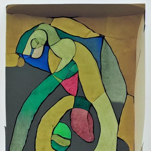 Image similar to A beautiful installation art of a snake eating its own tail that seems to go on forever. layered paper, olivine by Paul Klee vivid, beautiful