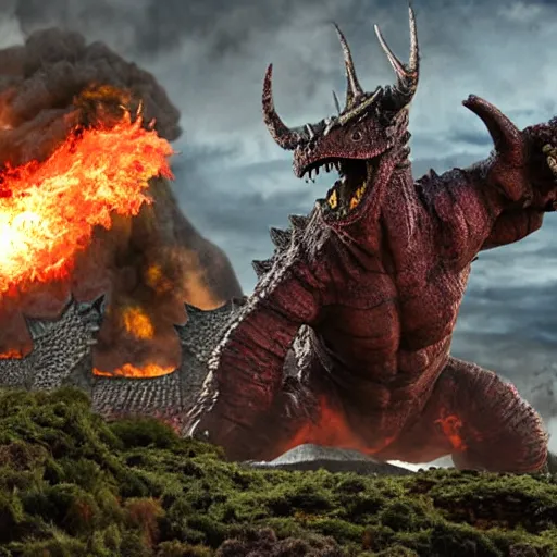 Prompt: Scots Highlander fighting godzilla