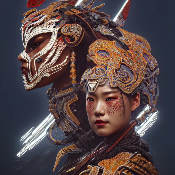 Image similar to symmetry! portrait of a hybrid angry warrior, face decorated with chinese opera motifs, leds horizon zero dawn machine, intricate, elegant, highly detailed, digital painting, artstation, concept art, smooth, sharp focus, illustration, art by artgerm and greg rutkowski and alphonse mucha, 8 k