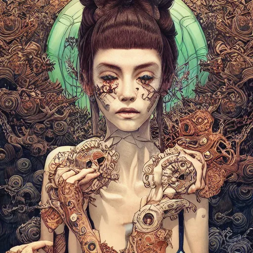 Image similar to beautiful portrait painted in jacek yerka and aykut aydogdu style drawn by vania zouravliov and takato yamamoto, inspired by cyberpunk, intricate acrylic gouache painting, high detail, sharp high detail, artstation, manga and anime