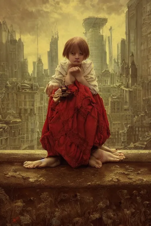 Image similar to photorealistic portrait photograph of a sad pale victorian robot child sitting on a red sofa made of human bones, surreal cityscape background, fantasy, depth of field, soft focus, highly detailed, intricate, realistic, national geographic cover, soft glow, textured, artstation, concept art, sharp focus, illustration, art by artgerm and greg rutkowski and alphonse mucha