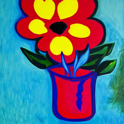 Image similar to a painting of a red flower on a yellow background, a pop art painting by laurel burch, trending on pixabay, fauvism, acrylic art, fauvism, oil on canvas