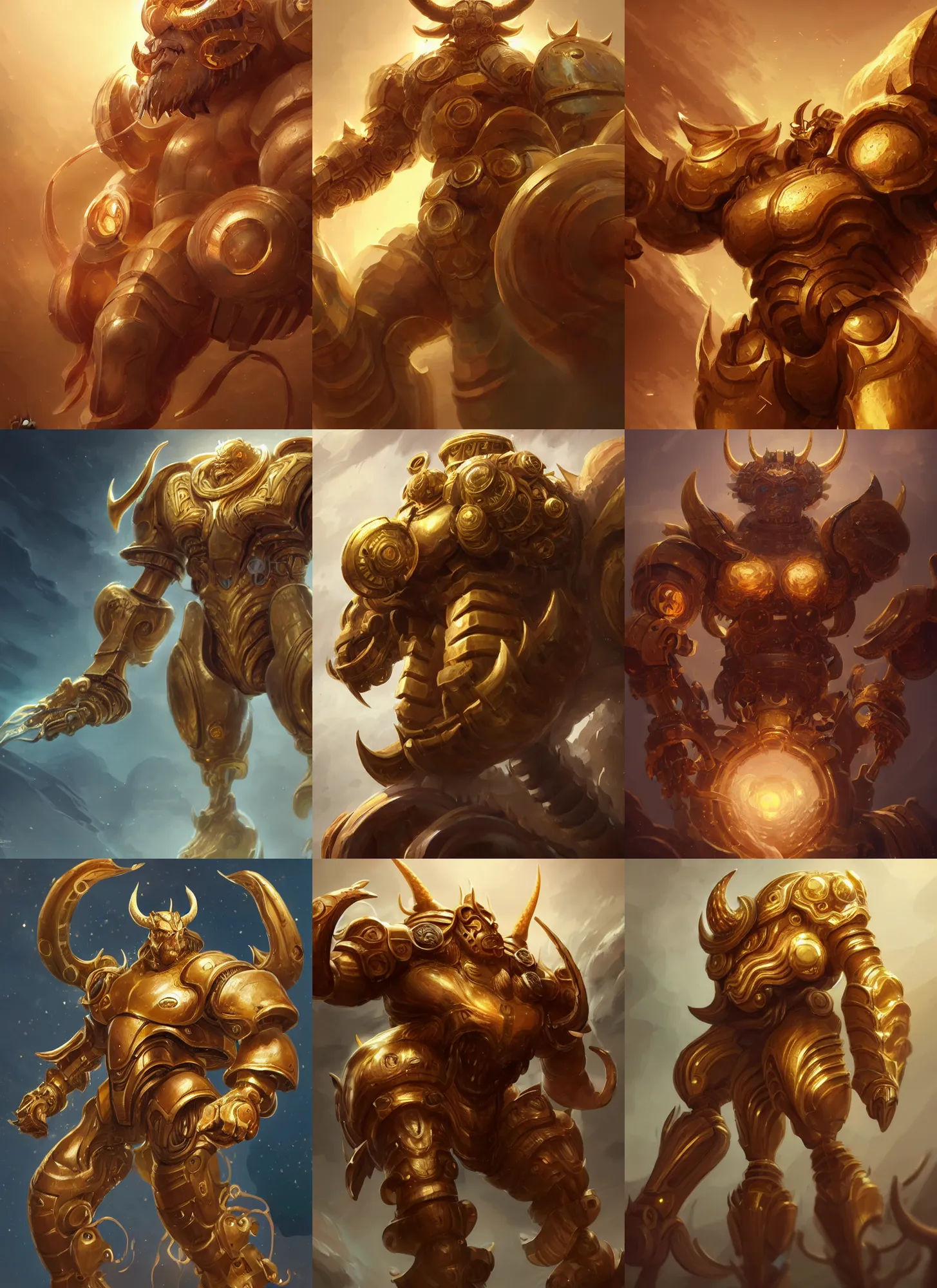 Prompt: a highly detailed illustration of gentle mighty colossal golden horned mechanical titan, with cute doting eyes, intricate, elegant, highly detailed, centered, digital painting, artstation, concept art, smooth, sharp focus, league of legends concept art, wlop.