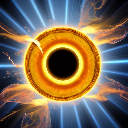 Image similar to open golden space portal with white turbulent smoke and electricity, high detail, photo realistic, 8 k