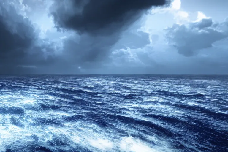 Prompt: photorealistic blue - tinted photo of a sinking cruise ship, storm, wave, bermuda triangle, thunderstorm, horror, smooth, epic, highly detailed, cinematic, unreal engine rendering