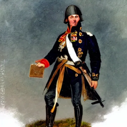 Prompt: a napoleonic infantryman taking a selfie, in the style of a school book photo.