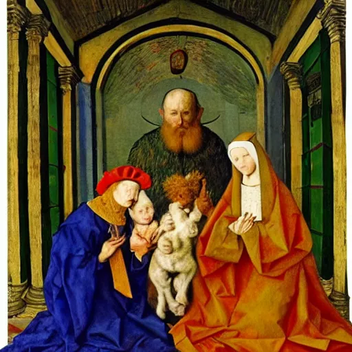 Prompt: the adoration of the lamb, by jan van eyck, in the art style of van gogh
