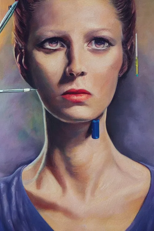 Image similar to oil painting, close-up hight detailed portrait of woman with needle close to eye, in style of 80s sci-fi art