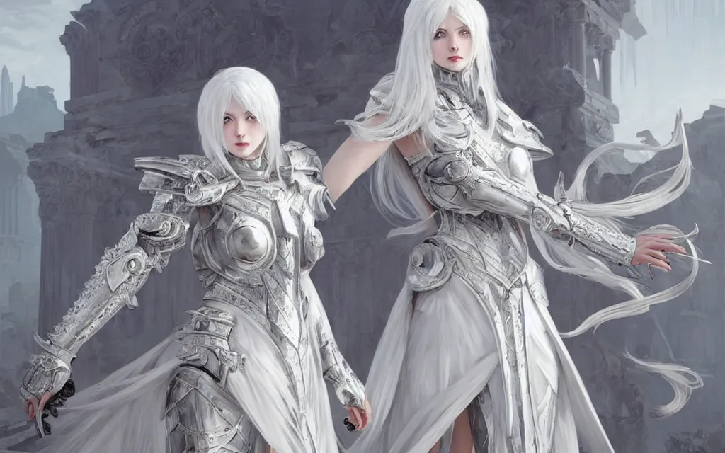 Image similar to portrait white hair knights of zodiac girl, matt white ice color armor, in ruined agora of athens, ssci - fi and fantasy, intricate and very very beautiful and elegant, highly detailed, digital painting, artstation, concept art, frostbite engine, smooth and sharp focus, illustration, art by tian zi and wlop and alphonse mucha