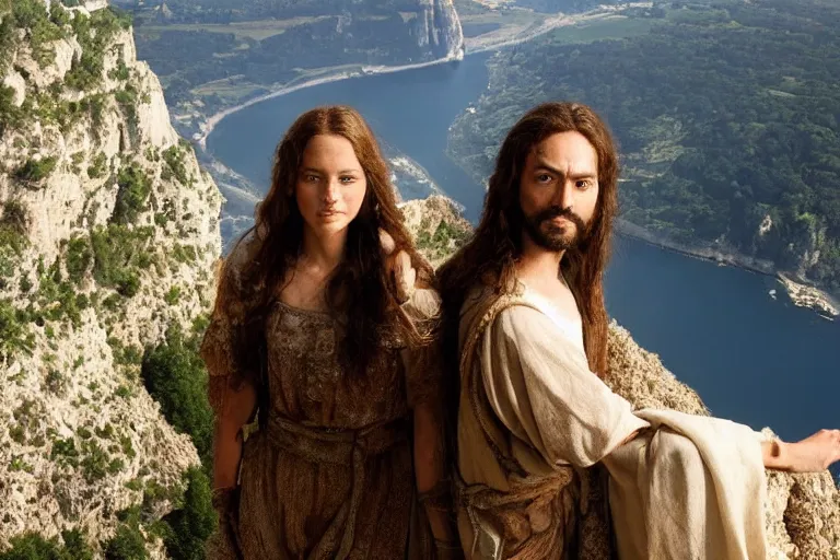 Prompt: a unique close - up photo of jesus and mary magdalene standing on a cliff looking over a beautiful landscape in france, rennes - le - chateau, award winning photo, very detailed, very realistic cinematic