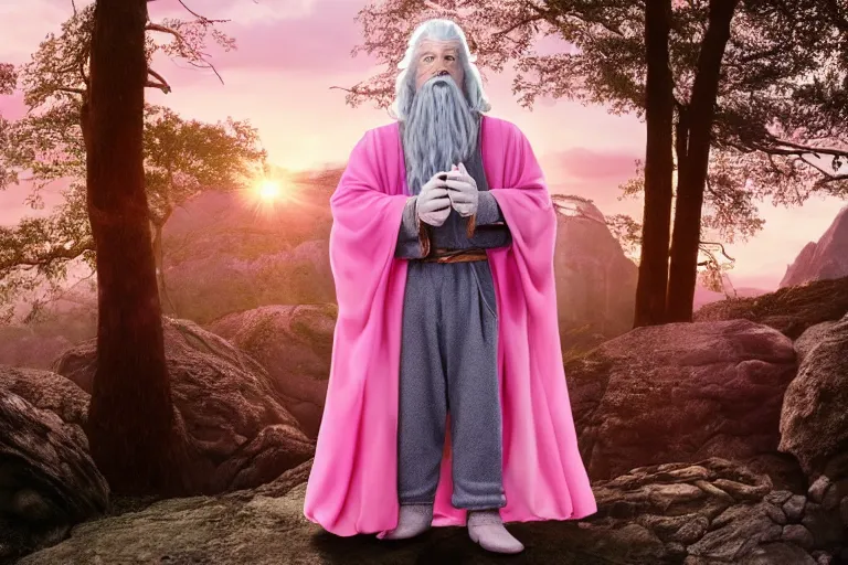 Image similar to portrait of Gandalf wearing pink Hello kitty costume, smiling warmly, sunrise, movie still from Lord of the Rings, cinematic