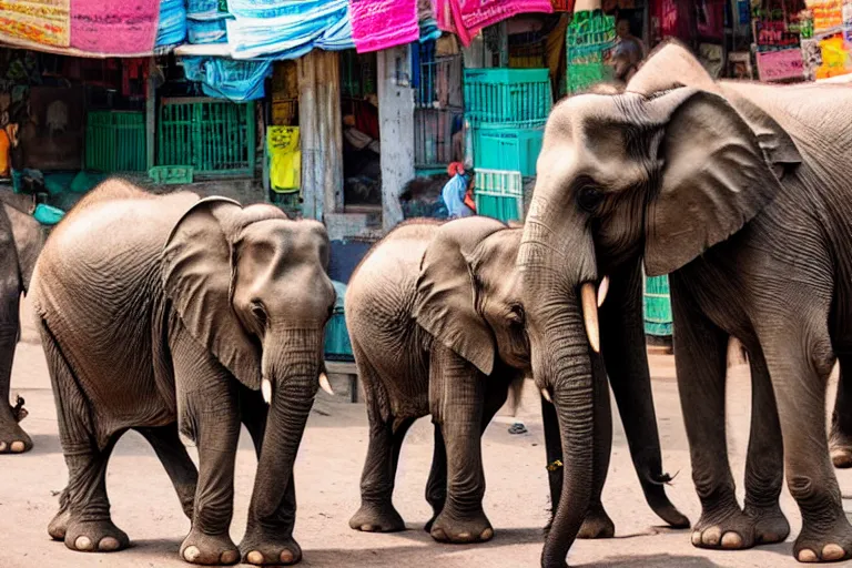 Image similar to elephants walking through an street market in India