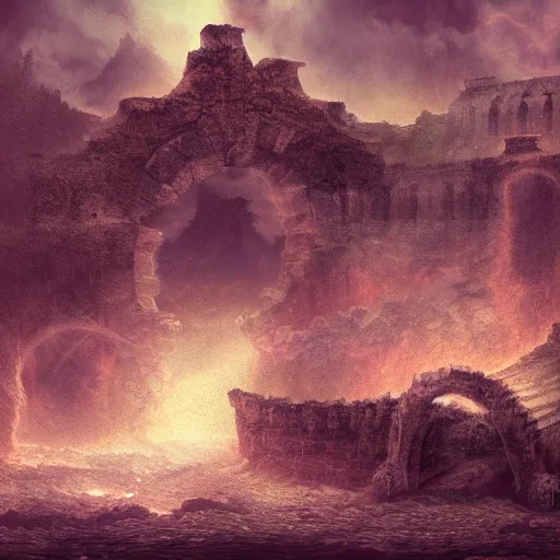 Image similar to landscape in hell, river styx, ruins, fortresses, dark, hellscape, digital art