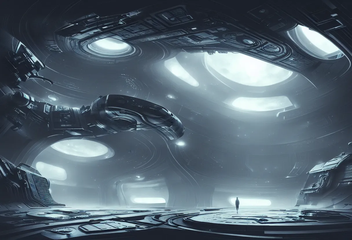 Prompt: inside of alien space ship of human mind and imagination, matte painting, beautiful render, octane render, concept art