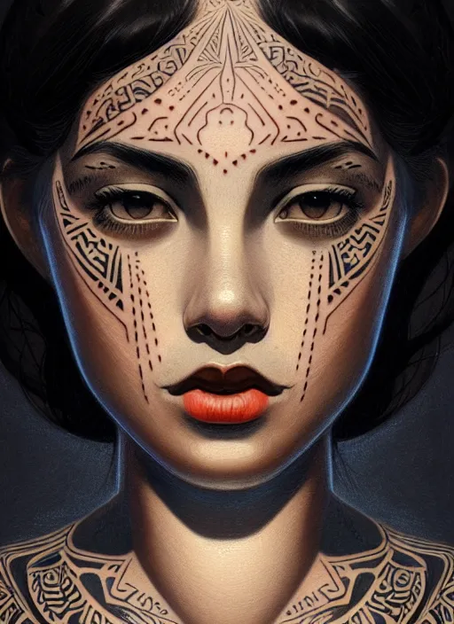 Prompt: portrait of a girl, fair skin, black hair, serious, tribal tattoos on her face, 1 9 5 0 s, intricate, elegant, glowing lights, highly detailed, digital painting, artstation, concept art, smooth, sharp focus, illustration, art by wlop, mars ravelo and greg rutkowski