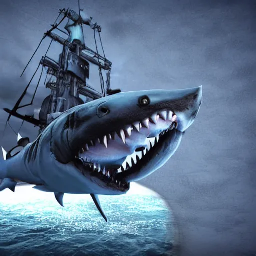 Prompt: 3D render of a pirates ship being hit by a giant shark