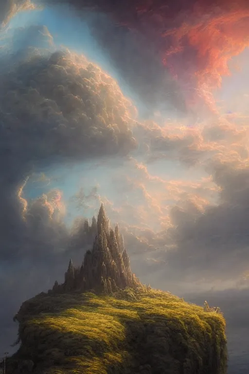 Image similar to a beautiful hyper realistic detailed matte painting of an island floating in the sky, flying castle tower, vivid color hues, looks like creativity by john howe, greg rutkowski, gustave dore, ferdinand knab, lush sky above, space nebuloid, barometric projection, rectilinear, octane render, ellen jewett, beautiful surreal palatial pulsar at dawn