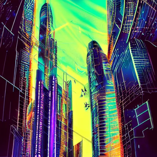 Prompt: cyberpunk dreamscape, tall buildings, neon lights, holographs, nighttime