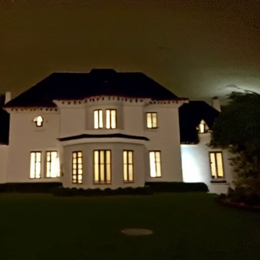 Prompt: A very low quality nokia picture with flash on of a mansion at night