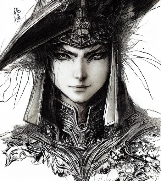 Image similar to portrait of anime woman wearing witch hat in armor, pen and ink, intricate line drawings, by craig mullins, ruan jia, kentaro miura, greg rutkowski, loundraw