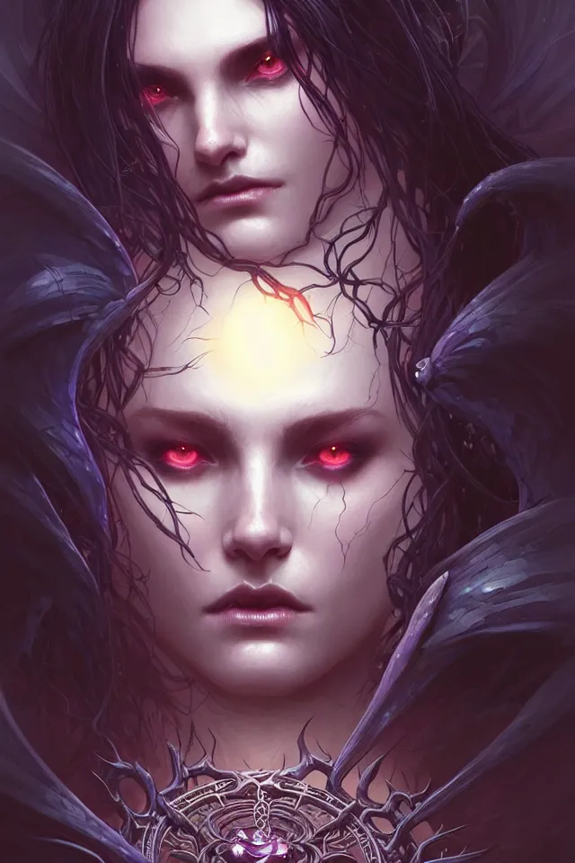 Image similar to Necromancer Sorceress face close-up macro in center, fantasy magic, undercut hairstyle, dark light night, intricate, elegant, sharp focus, illustration, highly detailed, digital painting, concept art, matte, art by WLOP and Artgerm and Greg Rutkowski and Alphonse Mucha, masterpiece