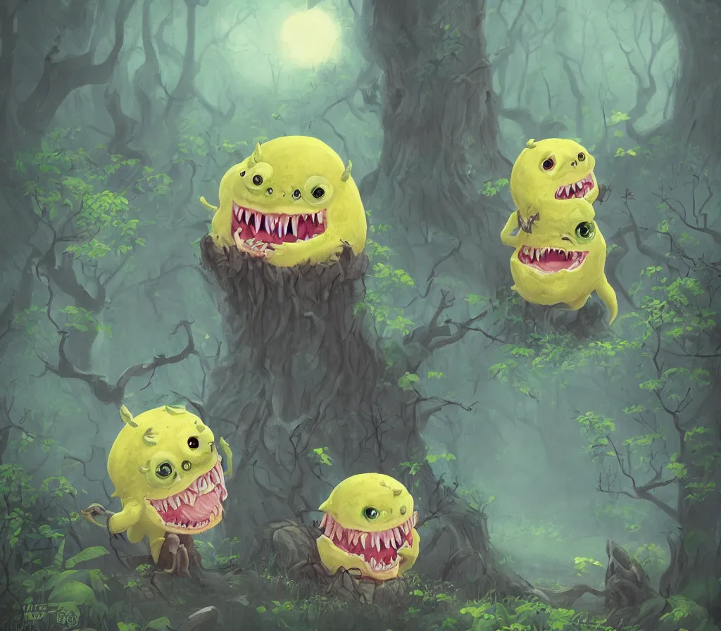 Image similar to a cute lemon monster with sharp teeth in a forest, heavenly, pastel, cute, dark, scary, eerie, trending on artstation, digital art.