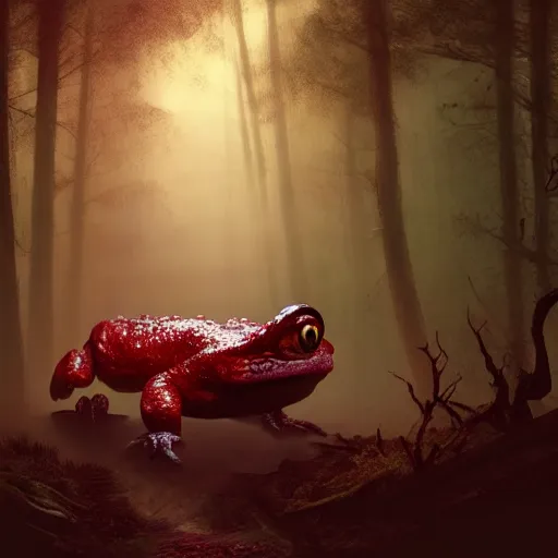 Image similar to giant evil monsterous slimy toad in the dark forest, glowing red eyes, slimy toads, dark night, midnight, foggy, atmospheric, highly detailed, hyperrealistic, gothic horror, trending on artstation, digital art, dark fantasy, by a creature artist
