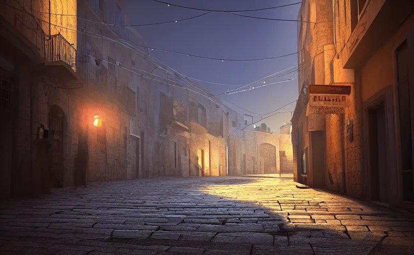 Prompt: photorealistic jerusalem city streets. night. lens flare. light fixtures. 8K. detailed. photorealism. artstation. matte painting. 25mm f/1.7 ASPH Lens. ultra realistic