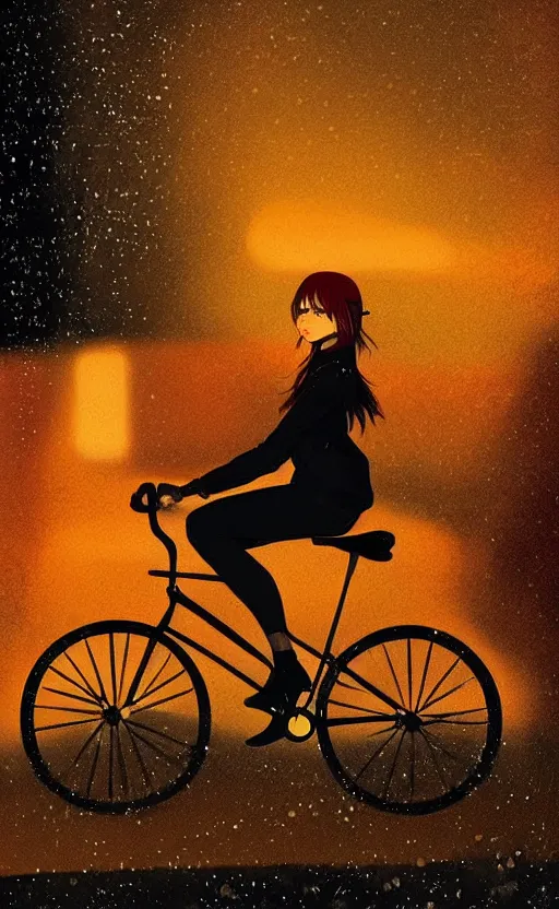 Image similar to a beautiful illustration of a woman riding a bicycle in a rainy night, fiery particles, anime aesthetic, midnight theme, depth of field, bokeh, composition study, featured on artstation, by ilya kuvshinov, vertical orientation