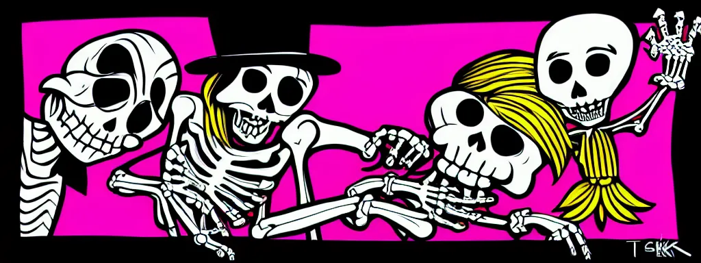 Image similar to ska skeleton and girlfriend, 80s checkerboard 666, digital art, chalk, ultra detailed by Tara McPherson and Gary Houston