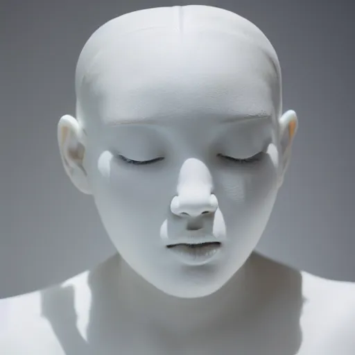 Image similar to full head and shoulders, beautiful female porcelain sculpture by daniel arsham and raoul marks, smooth matte skin, all white features on a white background, delicate facial features, white eyes, white lashes, gold liquid dripping from eyes