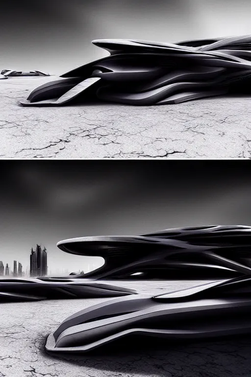 Prompt: zaha hadid buildings in the middle of a mad max desert scene with futuristic car, trending on artstation, cinematic matte painting, dark moody monochrome colors, featured on behance