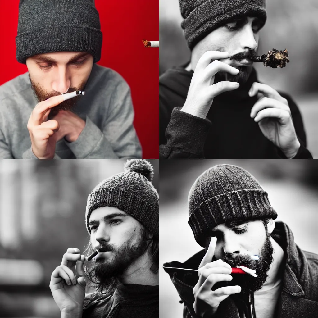 Prompt: a portrait of a sad, bored, partially unshaved young man smoking a cigarette with a black beanie on detailed