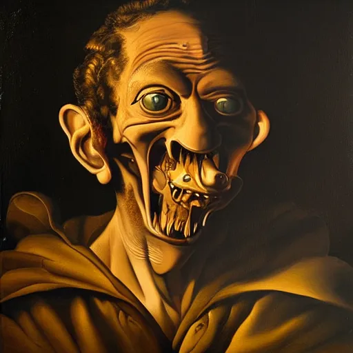 Image similar to oil painting with black background by christian rex van dali todd schorr of a chiaroscuro portrait of an extremely bizarre disturbing mutated man with acne intense chiaroscuro obscuring features lighting perfect composition masterpiece