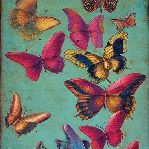 Prompt: fantasy power, colourful butterflies in flight, swarming, by Leonardo da Vinci, anatomy, parchment, sacred texts, high detailed illustration