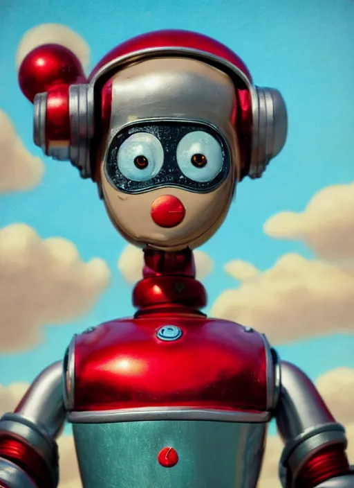 Image similar to highly detailed closeup, face profile portrait of a retro 1 9 5 0 s tin toy robot spacegirl wearing a bikini, unreal engine, nicoletta ceccoli, mark ryden, earl norem, lostfish, global illumination, detailed and intricate environment