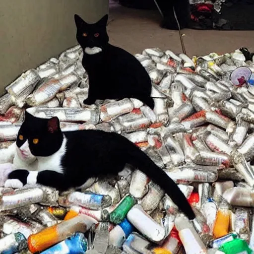 Prompt: A tuxedo cat lying on top of a pile of narcotics seized by the authorities with the police in the back, photo from the police