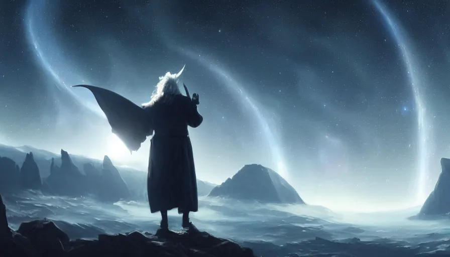 Prompt: a beautiful painting of gandalf watching ngc 6 3 0 2 in the sky of an alien world, ray traced lighting by jean kalin popov and greg rutkowski