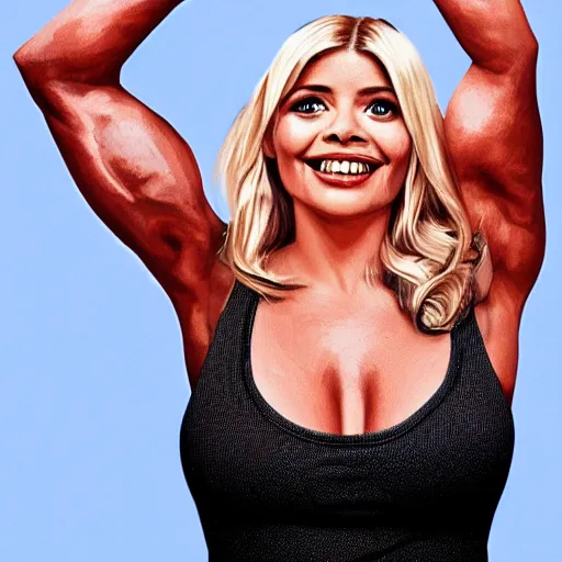 Image similar to holly Willoughby with the physique of a body builder, hyper realistic, ultra detailed, cinematic, dynamic lighting, photorealistic, refined, intricate, digital art, digital painting, masterpiece, 8k