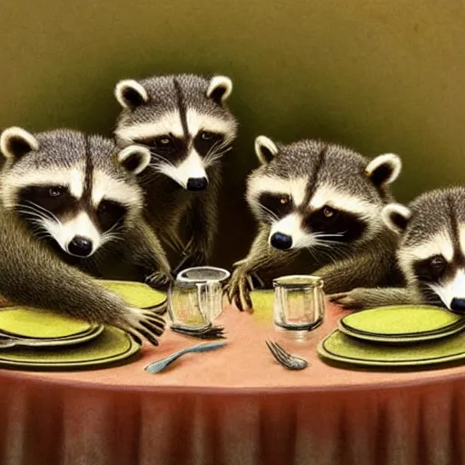 Prompt: taxidermy raccoons having a dinner party, highly detailed