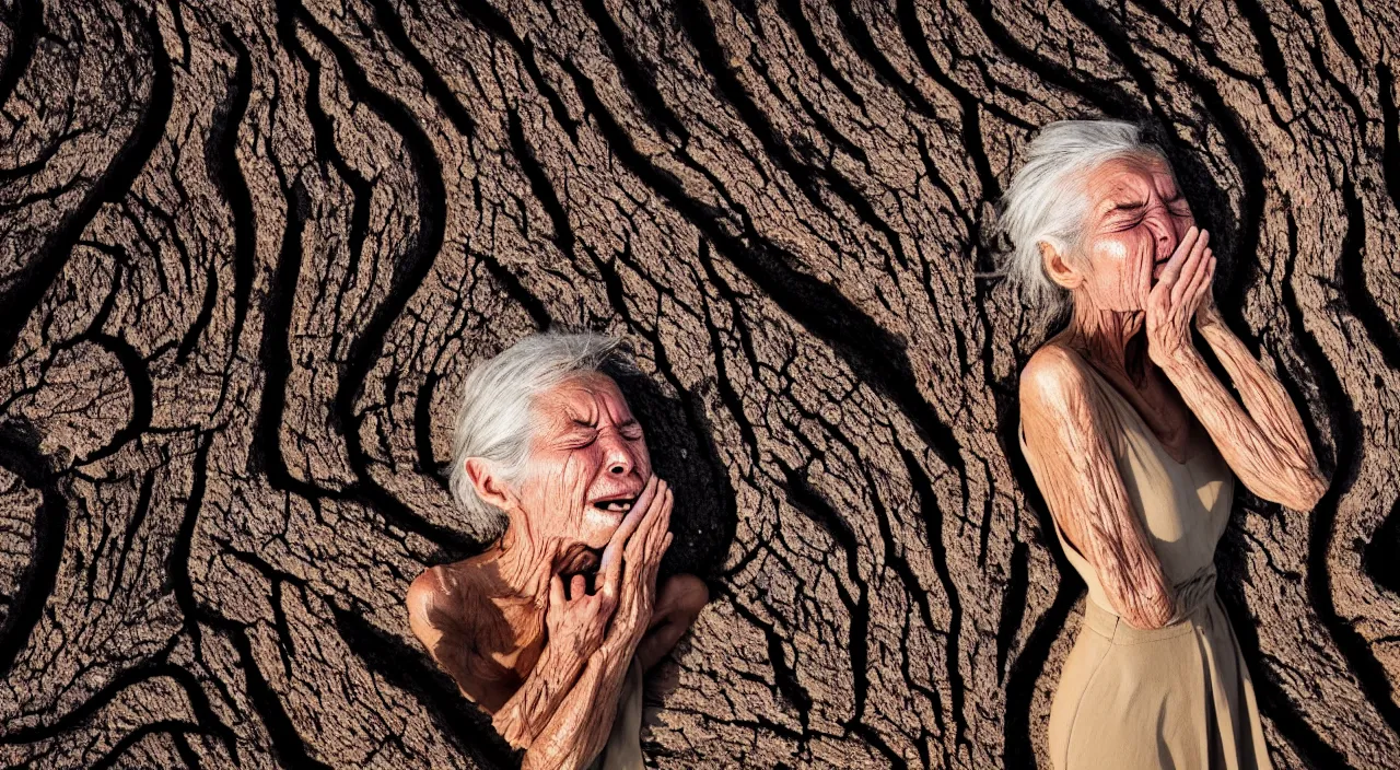 Image similar to close-up of a 65-year-old Gaia, crying calmly, facing the camera and standing in front of a dried up river in a desolate land, dead trees, blue sky, hot and sunny, highly-detailed, elegant, dramatic lighting, artstation, 4k, cinematic landscape, photograph by Elisabeth Gadd