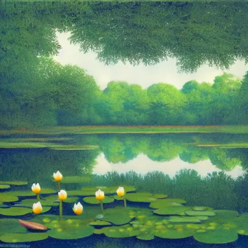 Image similar to a pond with water lillies in the forest, in the style of Rene Magritte,