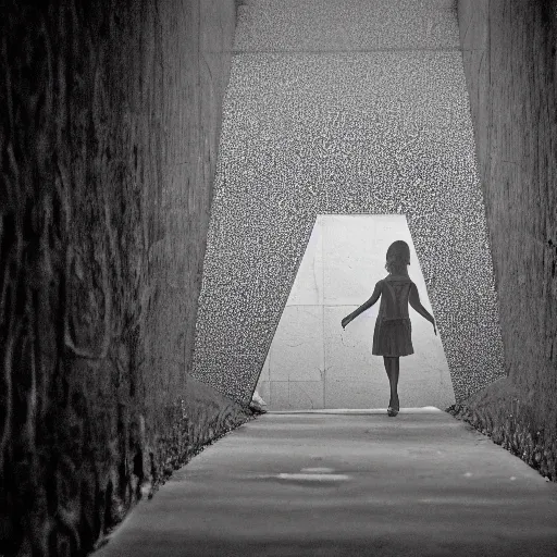 Prompt: film still of a girl walking through liminal space, black and white