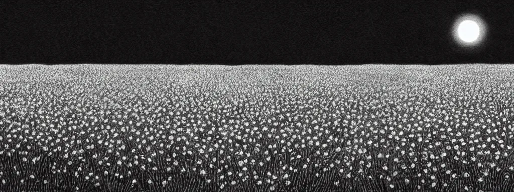 Image similar to A serene flower field at night by Kentaro Miura, highly detailed, black and white